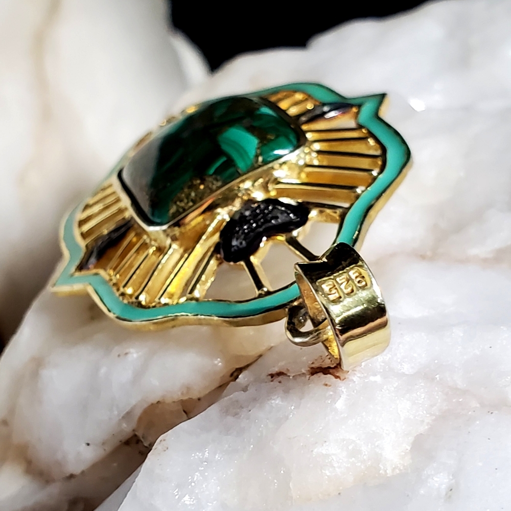 Sterling Silver 925/18kt Gold Genuine Malachite/Diamond Gemstone - Picture 2 of 13